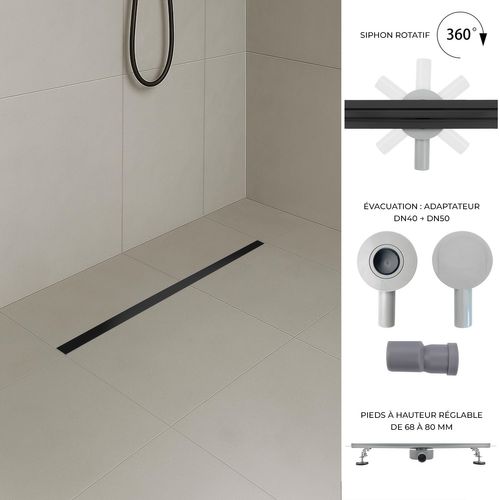 Caniveau Douche Italienne Étroit Noir L.80 Cm Siphon 360°, Débit 36l/min, Haut. Réglable -samy