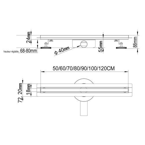 Caniveau Douche Italienne Étroit Noir L.60 Cm Siphon 360°, Débit 36l/min, Haut. Réglable -samy