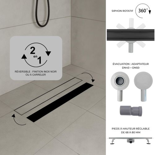 Caniveau De Douche 2en1 à Encastrer L.90 Cm, à Carreler Ou Inox Noir, 360°, Drainage 36l/min -viny