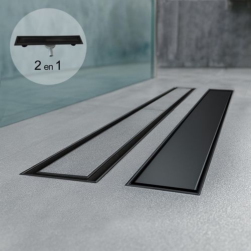 Caniveau De Douche 2en1 à Encastrer L.90 Cm, à Carreler Ou Inox Noir, 360°, Drainage 36l/min -viny