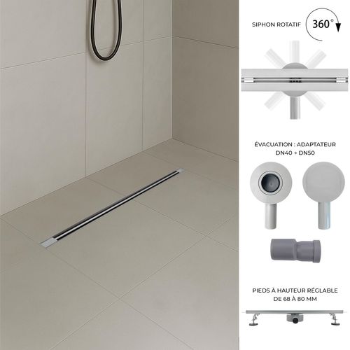 Caniveau Douche Italienne Slim L.120 Cm à Encastrer Inox, Siphon 360°, Drainage Performant -deki