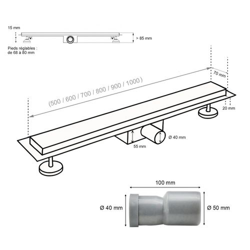 Caniveau De Douche L.70 Cm Verre Blanc Et Inox, Siphon Anti-odeurs, Drainage Performant -hidy