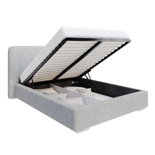 Lit Coffre Bedretto 140 X 190 Cm - Tissu Bouclette - Avec Sommier à Lattes Relevable Gris Clair