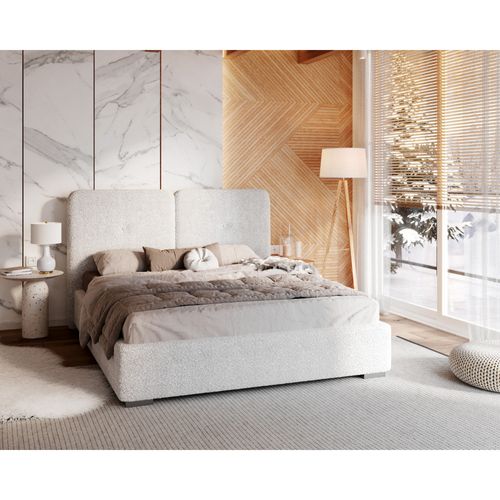 Lit Coffre Bedretto 140 X 190 Cm - Tissu Bouclette - Avec Sommier à Lattes Relevable Blanc