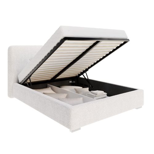 Lit Coffre Bedretto 140 X 190 Cm - Tissu Bouclette - Avec Sommier à Lattes Relevable Blanc
