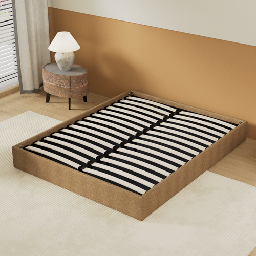 Lit coffre 120 x 190 cm, sommier à lattes en bois, cadre en tissu brun