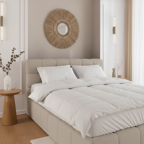 Lit Coffre 140x190cm Avec Tête - Beige - Tissu Chiné - Elise