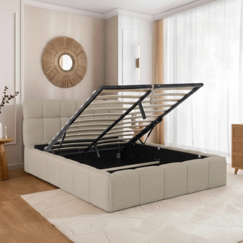 Lit Coffre 140x190cm Avec Tête - Beige - Tissu Chiné - Elise