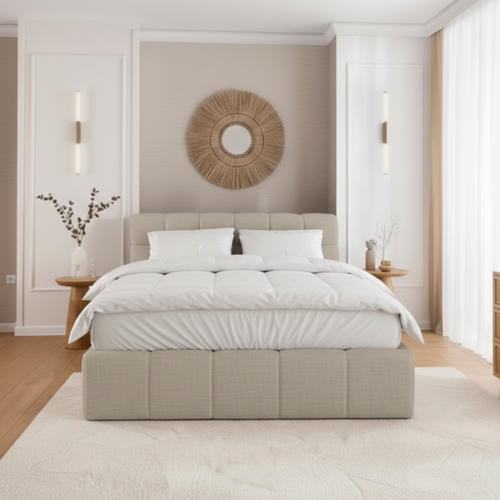 Lit Coffre 140x190cm Avec Tête - Beige - Tissu Chiné - Elise