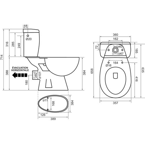 Pack Wc Eco Sans Bride Sortie Horizontale - H72xl35x65,8cm - Céramique Blanche
