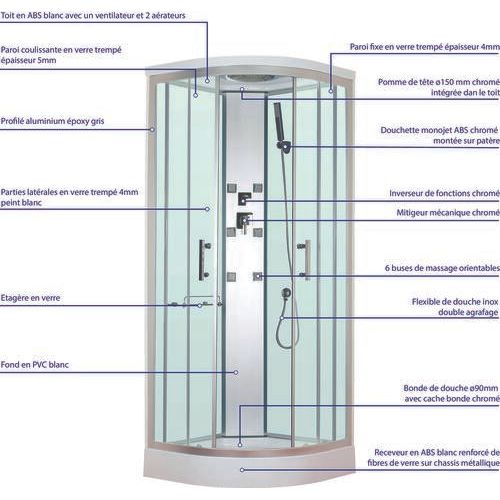 Cabine De Douche Hydromassante Merida - Porte Coulissante - Quart De Cercle 80cm