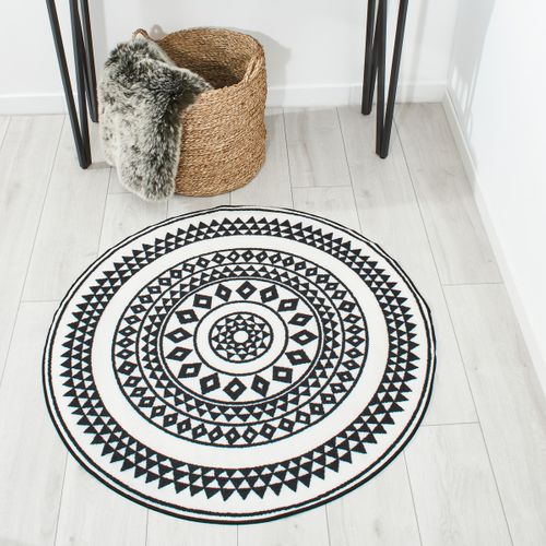 Tapis Rond Et Ethnique En Noir Et Blanc - 100x100 Cm - Noir