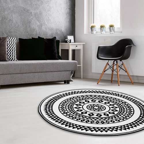 Tapis Rond Et Ethnique En Noir Et Blanc - 100x100 Cm - Noir