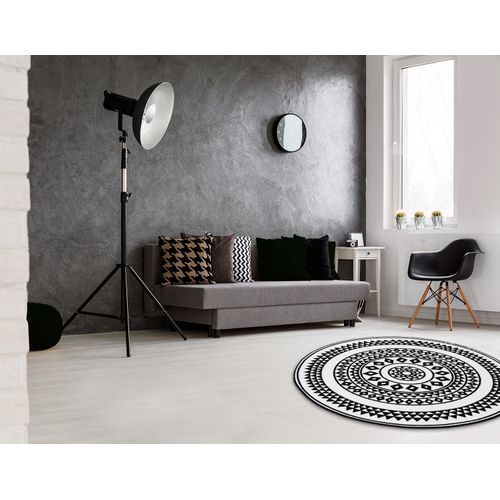 Tapis Rond Et Ethnique En Noir Et Blanc - 100x100 Cm - Noir
