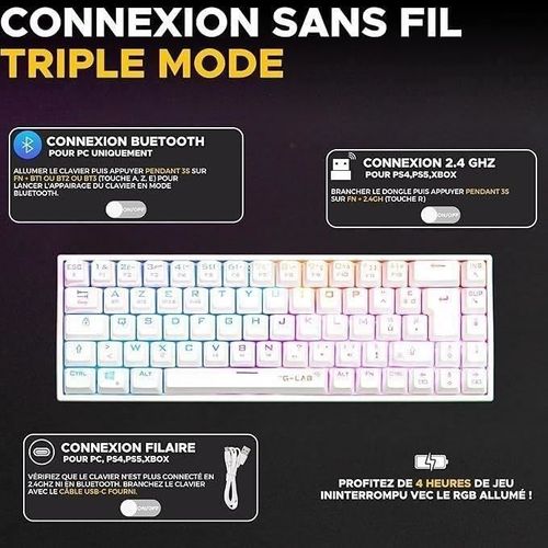 Clavier Gamer Sans Fil - Keyz Titan - Mécanique (switch Rouge) - Azerty - Triple Mode - Rgb - Blanc