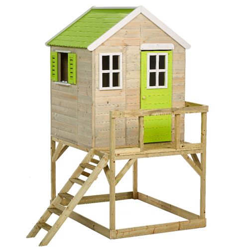 Maison De Jardin Enfant Extérieur - Cabane En Bois Avec Plateforme - Toit Étanche - Vert Et Blanc