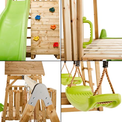 Aire De Jeux Woodi - Balançoires Et Nid, Toboggan, Escalade, Bac à Sable, Table