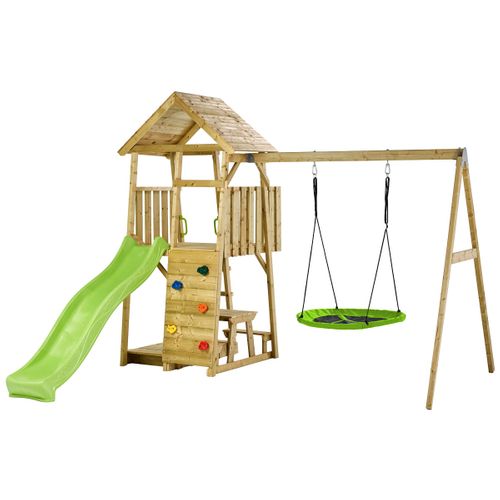 Aire De Jeux Woodi - Balançoires Et Nid, Toboggan, Escalade, Bac à Sable, Table