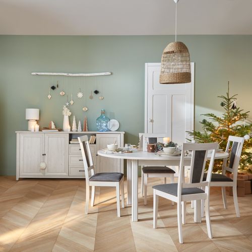 Chaise hévéa massif et tissu DAISY  imitation chêne blanchi