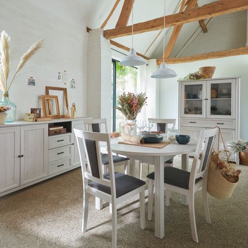 Chaise hévéa massif et tissu DAISY  imitation chêne blanchi