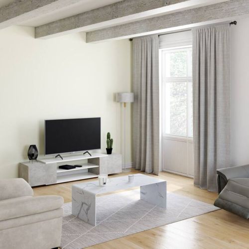 Meuble TV L.180 cm CARLA imitation béton/ blanc