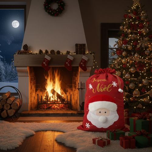 Grande Hotte De Noël XL 100x60 Cm – Sac Cadeaux 3d Brodé “joyeux Noël” Avec Motif Père Noël, Décorat