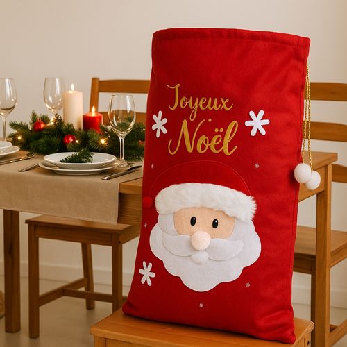 Grande Hotte De Noël XL 100x60 Cm – Sac Cadeaux 3d Brodé “joyeux Noël” Avec Motif Père Noël, Décorat
