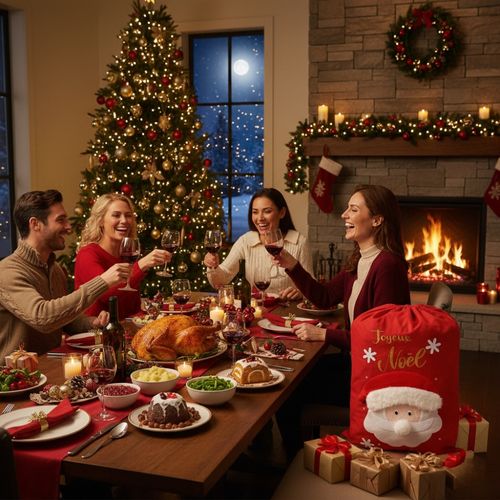 Grande Hotte De Noël XL 100x60 Cm – Sac Cadeaux 3d Brodé “joyeux Noël” Avec Motif Père Noël, Décorat