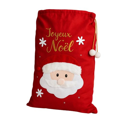 Grande Hotte De Noël XL 100x60 Cm – Sac Cadeaux 3d Brodé “joyeux Noël” Avec Motif Père Noël, Décorat