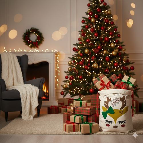 Hotte De Noël M 70x50 Cm – Sac Cadeaux Imprimé Avec Motif Petit Renne, Décoration Et Emballage Fêtes