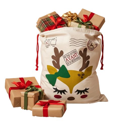 Hotte De Noël M 70x50 Cm – Sac Cadeaux Imprimé Avec Motif Petit Renne, Décoration Et Emballage Fêtes