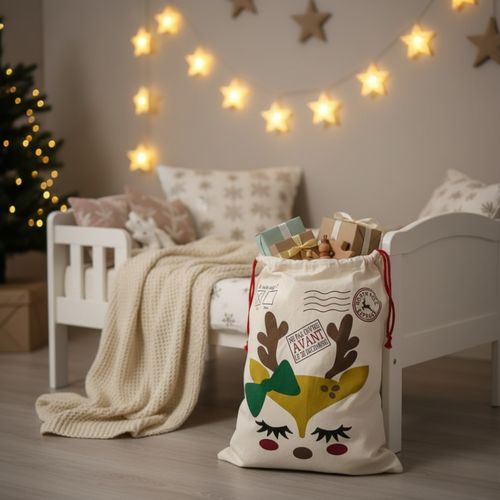 Hotte De Noël M 70x50 Cm – Sac Cadeaux Imprimé Avec Motif Petit Renne, Décoration Et Emballage Fêtes