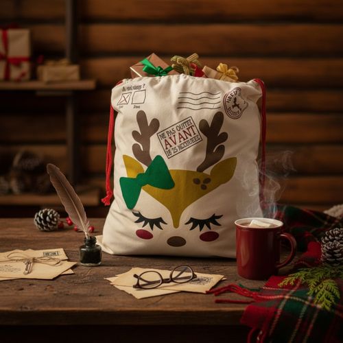 Hotte De Noël M 70x50 Cm – Sac Cadeaux Imprimé Avec Motif Petit Renne, Décoration Et Emballage Fêtes