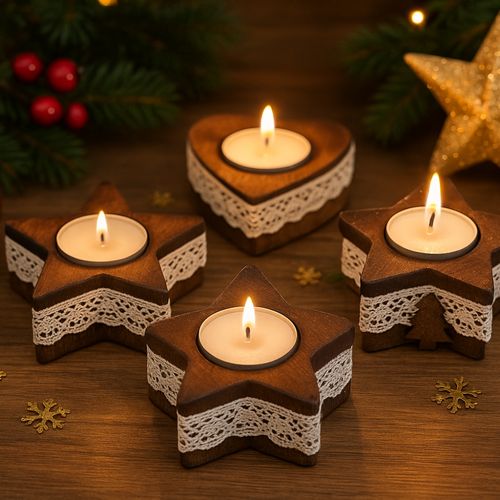 Pack De 4 Bougeoirs En Bois Noël 10cm – Décorations De Table Festives, Formes Aléatoires, Centre De