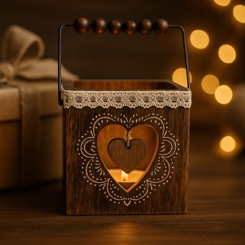 Pack 4 Photophores Carrés En Bois – Décorations De Table Noël, Ambiance Chaleureuse, Motifs Aléatoir