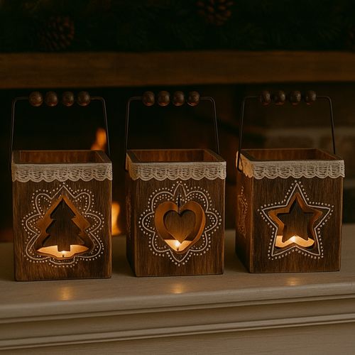 Pack 4 Photophores Carrés En Bois – Décorations De Table Noël, Ambiance Chaleureuse, Motifs Aléatoir