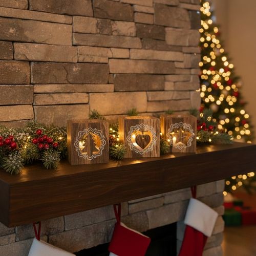 Pack 4 Photophores Carrés En Bois – Décorations De Table Noël, Ambiance Chaleureuse, Motifs Aléatoir