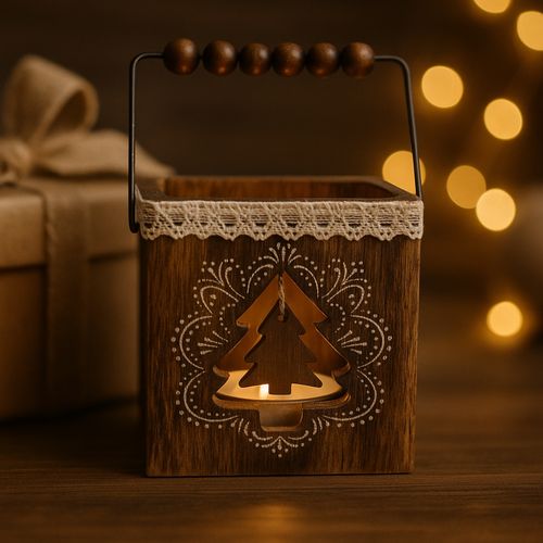 Pack 4 Photophores Carrés En Bois – Décorations De Table Noël, Ambiance Chaleureuse, Motifs Aléatoir