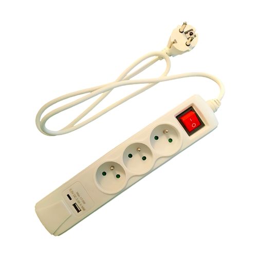 Bloc Multiprise Puissant 3500w Avec 3 Prises Classiques, 2 Ports USB-a Et USB-c, Câble De 1m