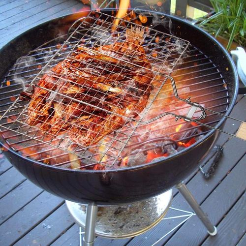 Lot De 2 Doubles Grilles Barbecue Rectangle 34x22 Cm En Acier Chromé Avec Manche En Bois