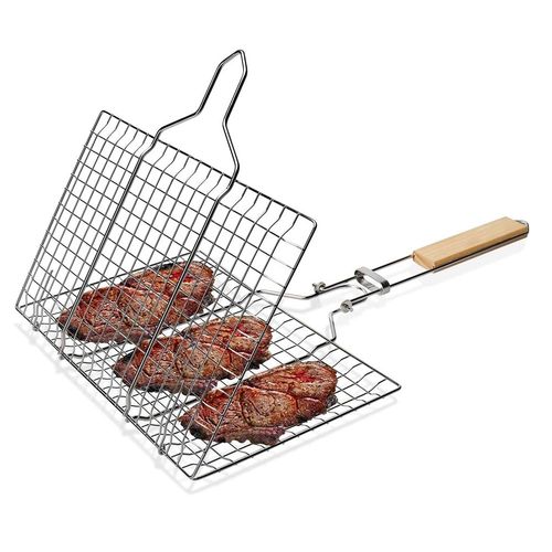 Lot De 2 Doubles Grilles Barbecue Rectangle 34x22 Cm En Acier Chromé Avec Manche En Bois