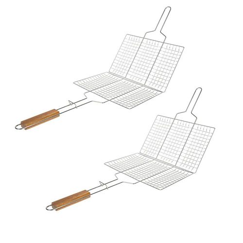 Lot De 2 Doubles Grilles Barbecue Rectangle 34x22 Cm En Acier Chromé Avec Manche En Bois