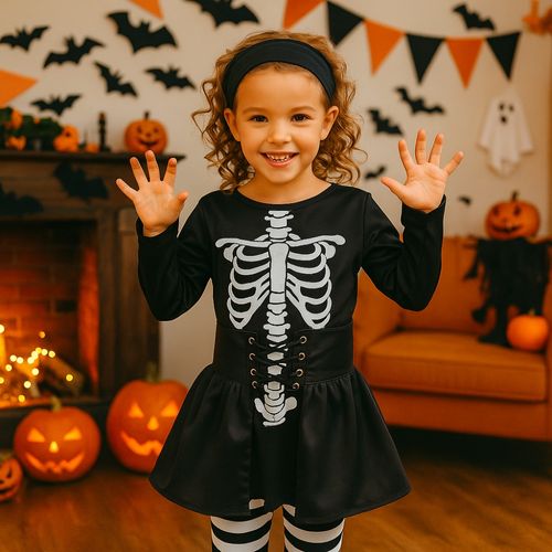 Déguisement Halloween Fille Squelette Noir Et Blanc – Ensemble Complet 4 / 6 Ans