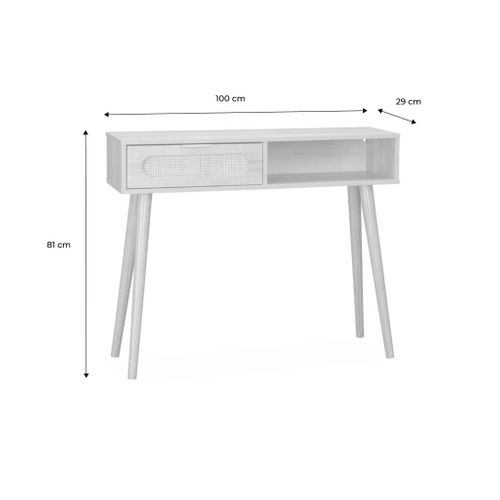 Console Décor Bois Et Cannage Arrondi 1 Tiroir. 1 Niche. Pieds Scandinaves. L 100 X L 29 X H 81