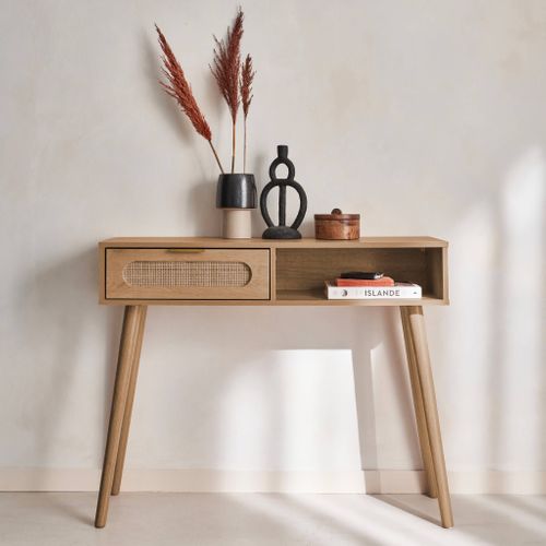 Console Décor Bois Et Cannage Arrondi 1 Tiroir. 1 Niche. Pieds Scandinaves. L 100 X L 29 X H 81