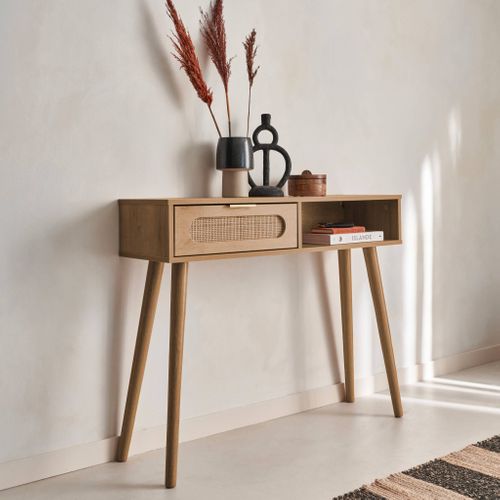 Console Décor Bois Et Cannage Arrondi 1 Tiroir. 1 Niche. Pieds Scandinaves. L 100 X L 29 X H 81