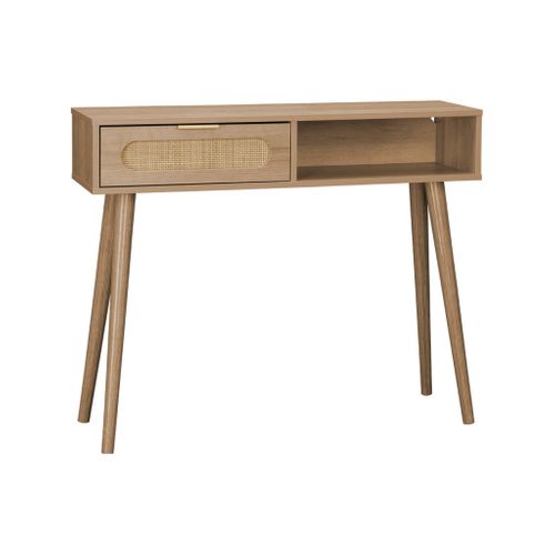 Console Décor Bois Et Cannage Arrondi 1 Tiroir. 1 Niche. Pieds Scandinaves. L 100 X L 29 X H 81