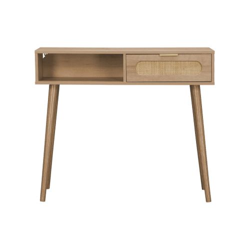 Console Décor Bois Et Cannage Arrondi 1 Tiroir. 1 Niche. Pieds Scandinaves. L 100 X L 29 X H 81