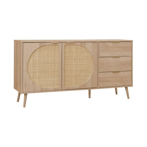 Buffet De Rangement. Eva. Décor Bois Et Cannage Arrondi. 2 Portes 3 Tiroirs. Buffet Bas. L 150 X L