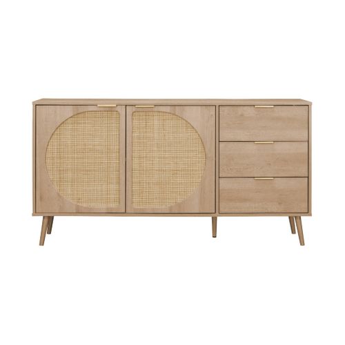 Buffet De Rangement. Eva. Décor Bois Et Cannage Arrondi. 2 Portes 3 Tiroirs. Buffet Bas. L 150 X L